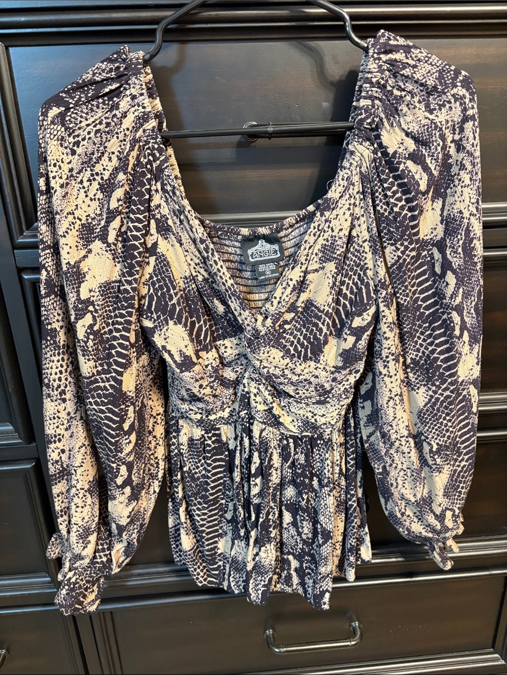 Angie Snake-Print V-Neck Blouse in Black and Cream